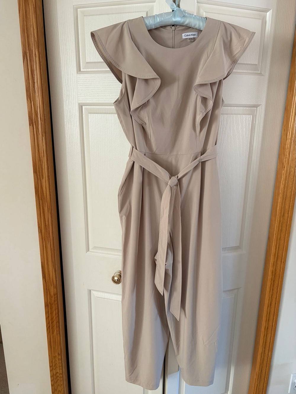 Calvin Klein Taupe Belted Ruffle-Sleeve Jumpsuit
